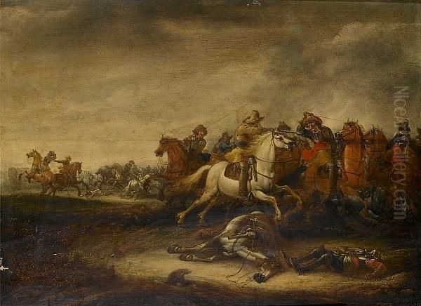 A Cavalry Skirmish Oil Painting by Abraham van der Hoef