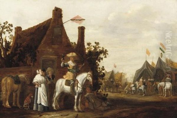 Soldier On Horseback Reposing Outside A Tavern, An Encampment Beyond Oil Painting by Abraham van der Hoef