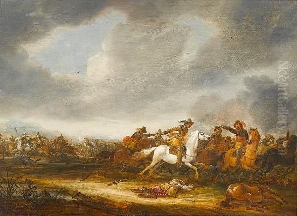 A Cavalry Skirmish, A Soldier On
 His White Horse Attacking To The Right, With A Fallen Horse In The 
Right Foreground Oil Painting by Abraham van der Hoef