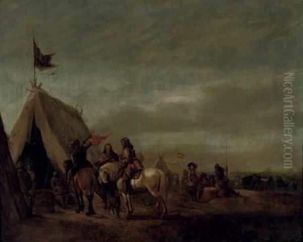 Cavalry Resting At An Encampment, A Town Beyond Oil Painting by Abraham van der Hoef