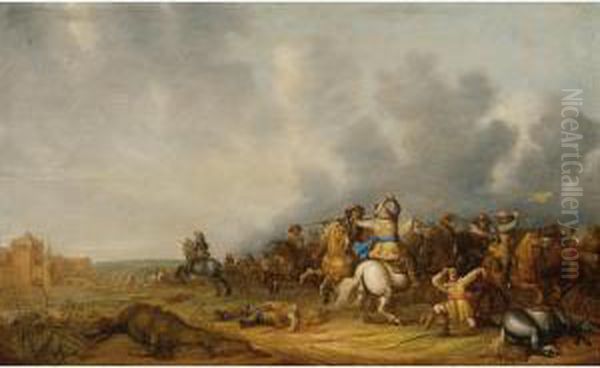 A Cavalry Skirmish With A Siege Of A Town Beyond Oil Painting by Abraham van der Hoef