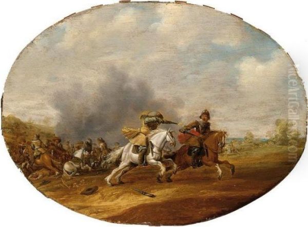 A Cavalry Skirmish With A Battle Beyond Oil Painting by Abraham van der Hoef