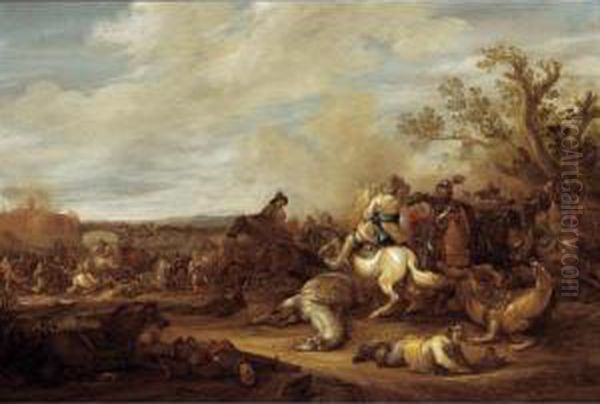 A Cavalry Battle Scene Before A Fortified Town Oil Painting by Abraham van der Hoef