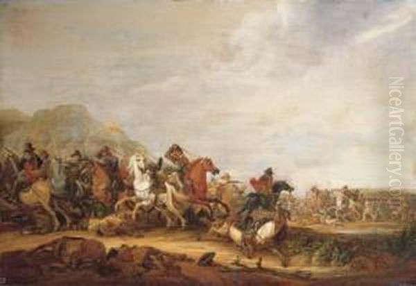 A Cavalry Skirmish Oil Painting by Abraham van der Hoef