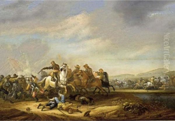 A Cavalry And Infantry Battle Scene Near A Stream Oil Painting by Abraham van der Hoef