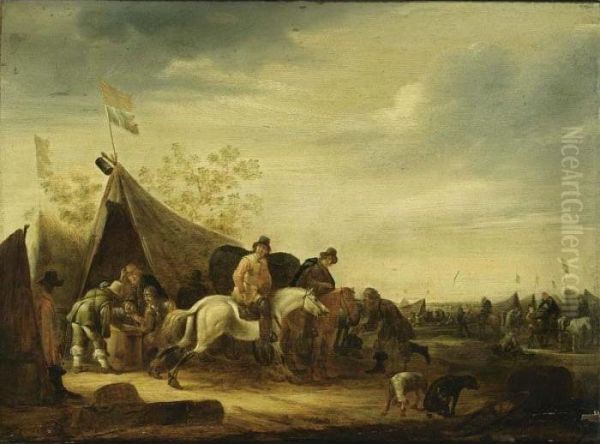 An Encampment With Soldiers Near
 A Tent And Horsemen Nearby, Other Soldiers And Cavalry In The 
Background Oil Painting by Abraham van der Hoef