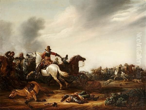 A Cavalry Skirmish On A Plain Oil Painting by Abraham van der Hoef