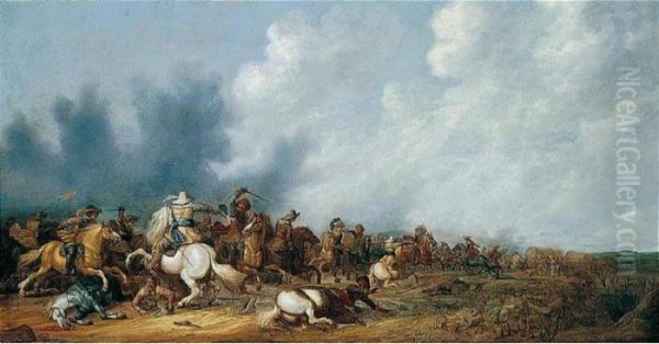 A Cavalry Engagement Oil Painting by Abraham van der Hoef