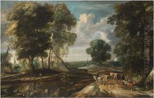 A Wooded Landscape With Travellers In Horse-drawn Wagons Oil Painting by Pieter I Van Der Hulst