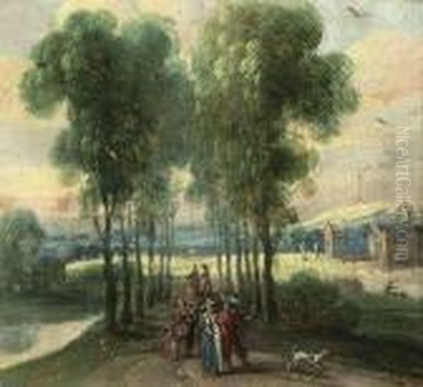 A Wooded Landscape With Elegant Figures On A Path, A Castlebeyond Oil Painting by Jasper van der Lamen