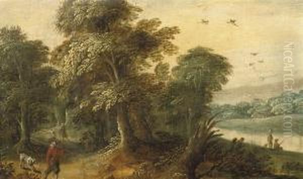 A Forest Landscape With A Huntsman And His Dog, Fishermen Near A Pool Of Water Oil Painting by Jasper van der Lamen