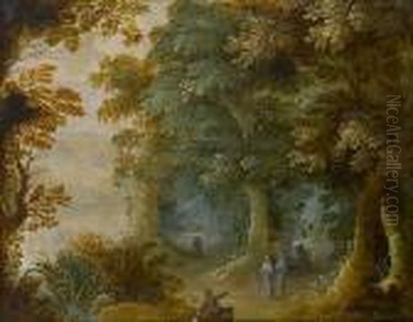 A Wooded Landscape With Travellers On A Country Path Oil Painting by Jasper van der Lamen