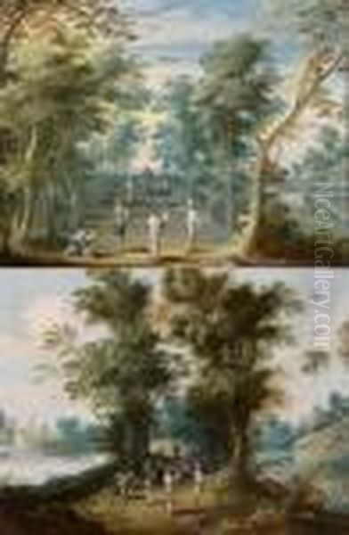 Jeux De Boules Pres De La Riviere Oil Painting by Jasper van der Lamen