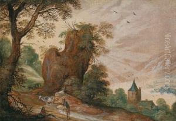 Paesaggio Montuoso Con Roccia E Pastori Oil Painting by Jasper van der Lamen