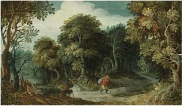 Peasants On A Path In A Forest Oil Painting by Jasper van der Lamen