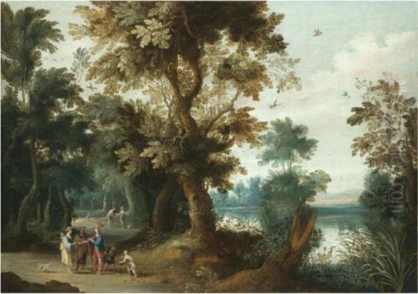 A Wooded River Landscape With Elegant Figures Having Their Fortune Told Oil Painting by Jasper van der Lamen