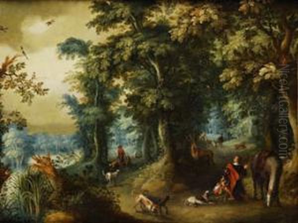 Paisaje Arbolado Con La Vision De San Huberto, Patron De La Caza Oil Painting by Jasper van der Lamen