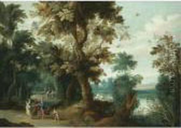 Wooded River Landscape With A Fortune Teller Oil Painting by Jasper van der Lamen