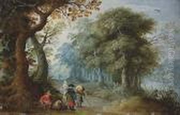 A Wooded Landscape With Travellers On A Track Oil Painting by Jasper van der Lamen