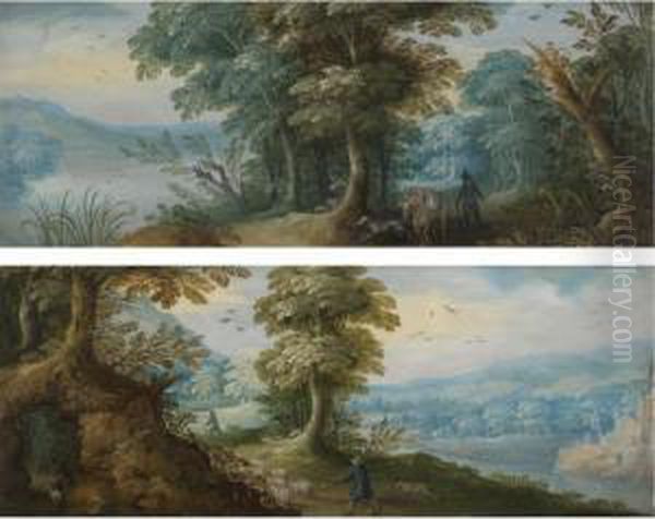 A Pair Of Wooded Landscapes Oil Painting by Jasper van der Lamen