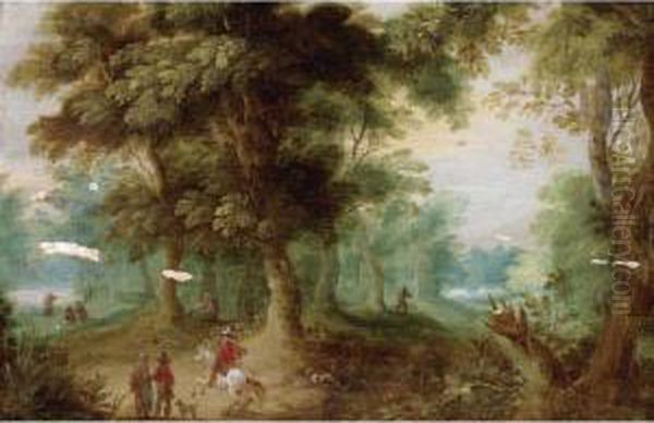 A Wooded Landscape With Huntsmen In The Foreground Oil Painting by Jasper van der Lamen