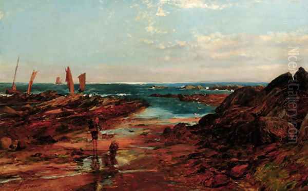 Boys crabbing on a beach Oil Painting by Alexander Jnr. Fraser