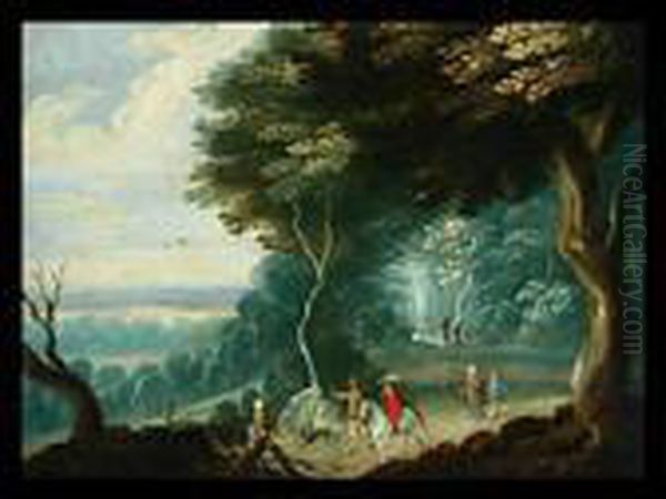 Tiefe Landschaft Mit Reiter Und Personenstaffage Oil Painting by Jasper van der Lamen