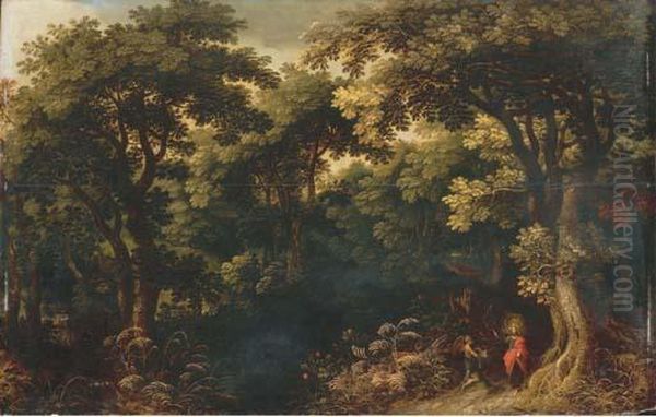 A Wooded Landscape With Christ Tempted By The Devil Oil Painting by Jasper van der Lamen