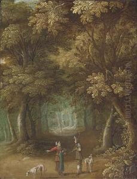 A Wooded Landscape With Travellers On A Path Oil Painting by Jasper van der Lamen