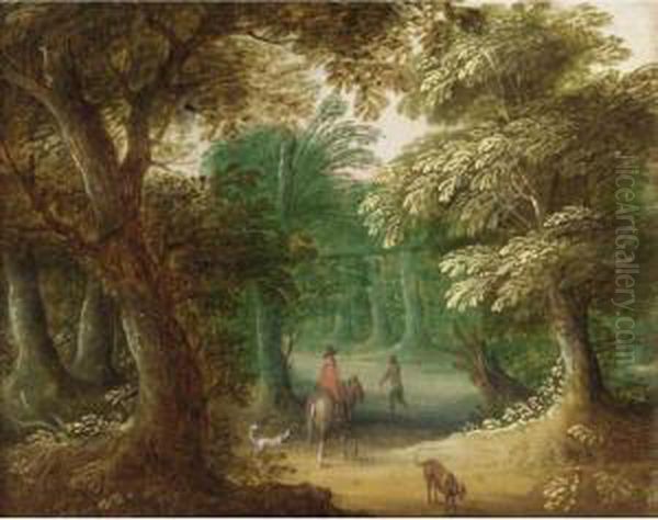 Wooded Landscape With A Horseman On A Path Oil Painting by Jasper van der Lamen