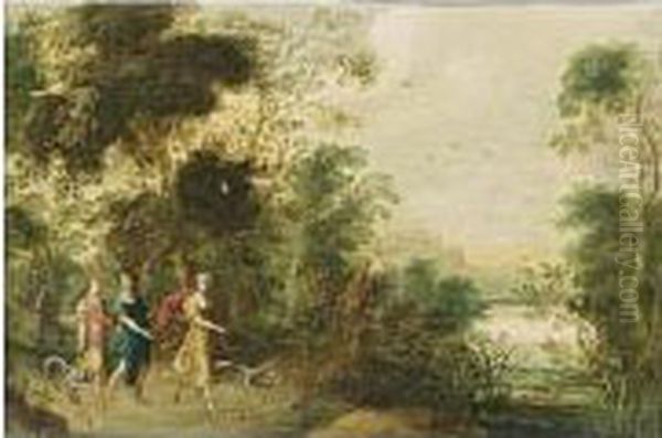 A Wooded Landscape With Three Huntresses And Their Hounds On A Path Oil Painting by Jasper van der Lamen