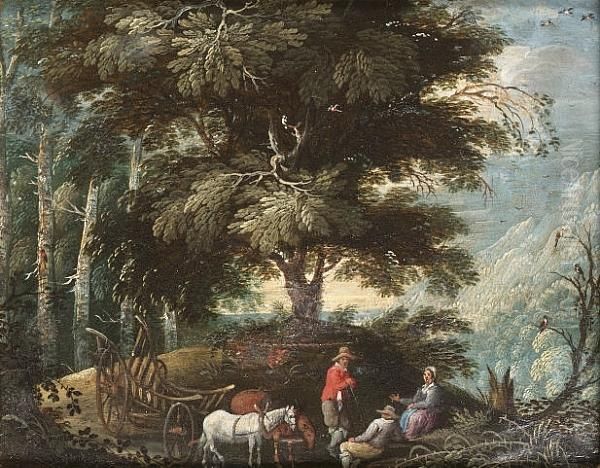 A Wooded Landscape With Peasants And A Horsedrawn Wagon On A Track Oil Painting by Jasper van der Lamen