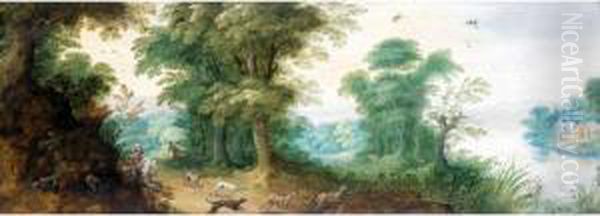 A Wooded Landscape With Hunters And Their Dogs Chasing Deers Oil Painting by Jasper van der Lamen