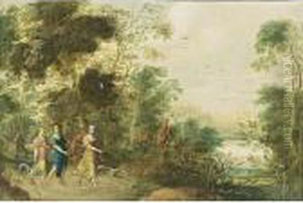 Lanen, A Wooded Landscape With Three Huntresses And Their Hounds On A Path Oil Painting by Jasper van der Lamen