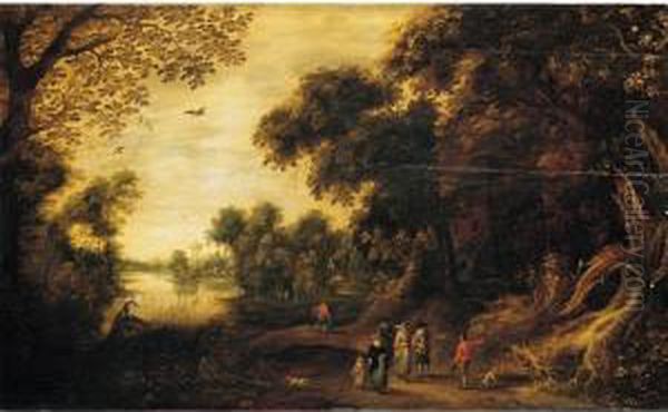 A Wooded River Landscape With 
Elegant Figures Conversing With A Traveller In The Foreground Oil Painting by Jasper van der Lamen