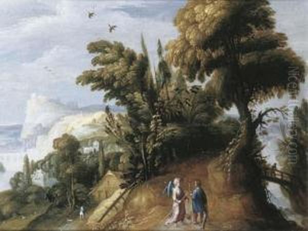 An Extensive Landscape With Tobias And The Angel Oil Painting by Jasper van der Lamen