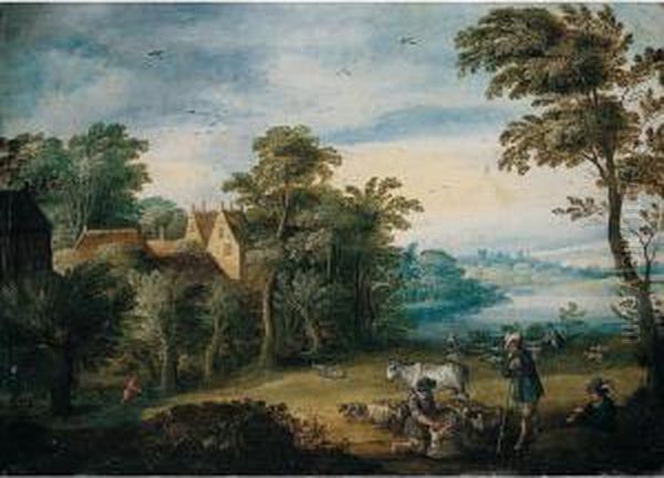 A River Landscape With Shepherds Shearing Sheep In The Foreground Oil Painting by Jasper van der Lamen