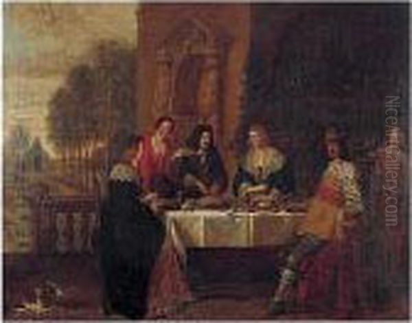 An Elegant Company Feasting Upon The Terrace Of A Country House Oil Painting by Jasper van der Lamen