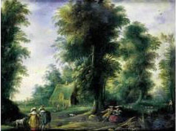 Couples De Promeneurs Dans La Foret Pres D'une Ferme Oil Painting by Jasper van der Lamen