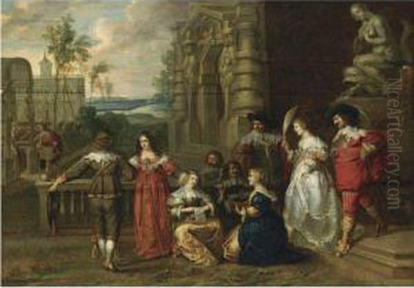 An Elegant Company Outside The Walls Of A Castle Making Music Oil Painting by Christoffel Jacobsz van der Lamen