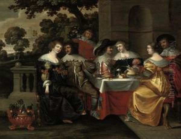 Elegant Company Courting In A Classical Courtyard Oil Painting by Christoffel Jacobsz van der Lamen