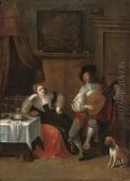 A Gentleman Serenading A Lady In An Interior Oil Painting by Christoffel Jacobsz van der Lamen