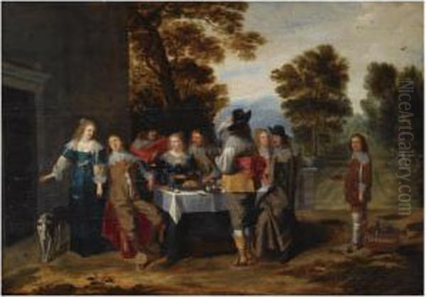 An Elegant Company Seated Around A Set Table On A Terrace, A Formalgarden Beyond Oil Painting by Christoffel Jacobsz van der Lamen