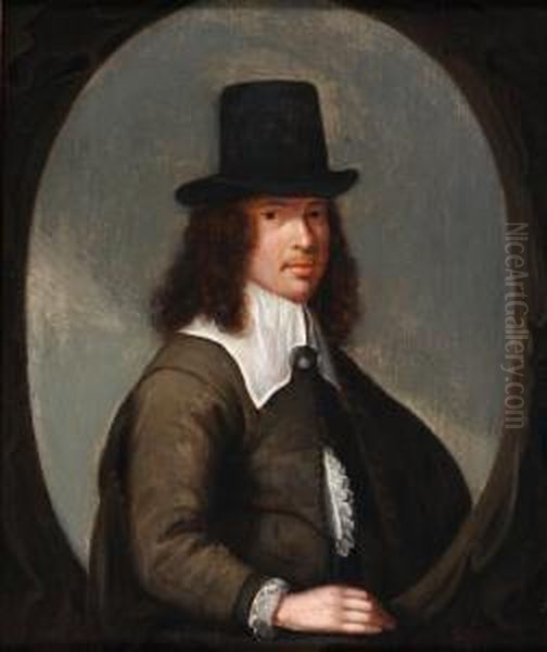 Portrait Of Agentleman, Bust-length Wearing A Black Tophat Oil Painting by Christoffel Jacobsz van der Lamen