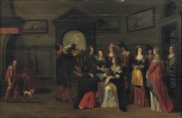 Elegant Company Playing The Game Of 'la Main Chaude' In Aninterior Oil Painting by Christoffel Jacobsz van der Lamen