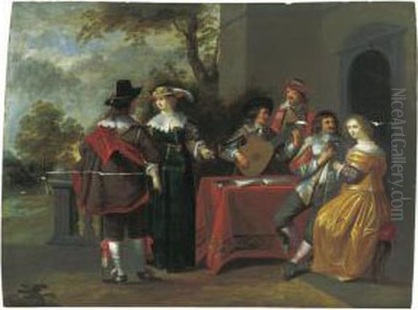 An Elegant Company Making Music, Drinking And Courting In A Garden Setting Oil Painting by Christoffel Jacobsz van der Lamen