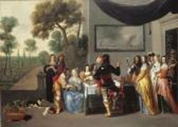 Elegante Compagnie Buvant Et Conversant Sur La Terrasse
 D'un Parc Oil Painting by Christoffel Jacobsz van der Lamen