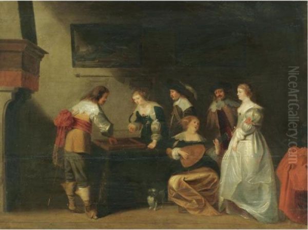 An Elegant Company In An Interior With A Lady And Gentleman Playing Tric-trac Oil Painting by Christoffel Jacobsz van der Lamen