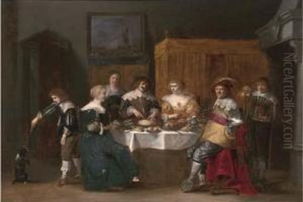 Elegant Company Eating And Drinking In An Interior Oil Painting by Christoffel Jacobsz van der Lamen