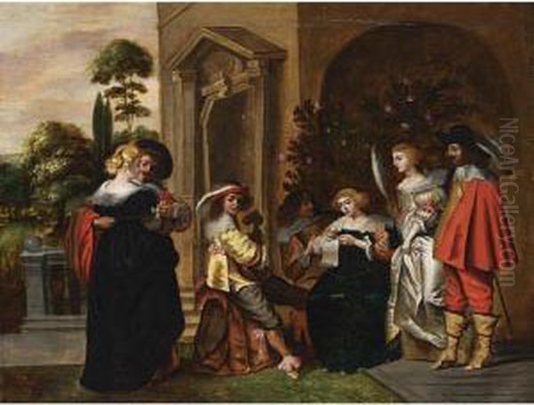 An Elegant Company Making Music, Drinking And Courting In A Garden Setting Oil Painting by Christoffel Jacobsz van der Lamen